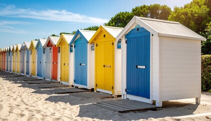 Naklejka premium Colorful Beach Huts on Sunny Sandy Shore Summer Vacation Relaxation.