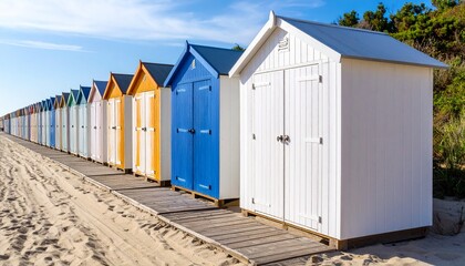 Colorful Beach Cabanas in a Row on Sandy Shore.