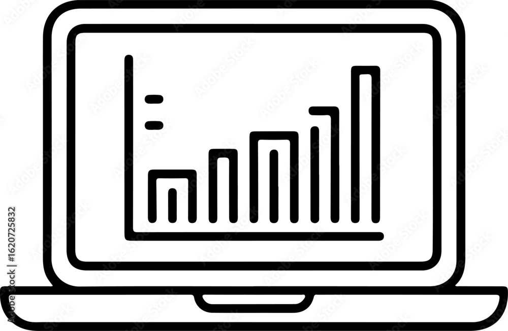 Poster laptop screen displaying a rising bar graph with increasing data points