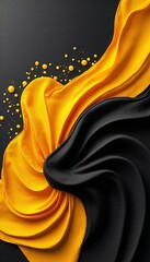 Artistic fabric drapery in vibrant yellow and deep black with droplets on a textured background
