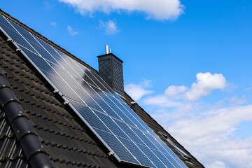 Photovoltaic panels producing renewable energy on a roof under blue sky