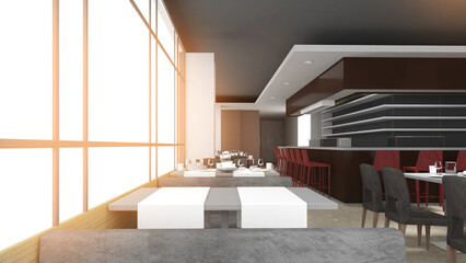 Restaurant, food ordering counter and seating, combination of color and exterior lighting, 3d rendering.