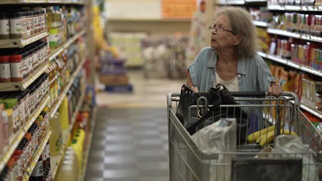 An elderly senior woman is pushing a shopping cart through a grocery store aisle, thoughtfully selecting items and enjoying her shopping experience.