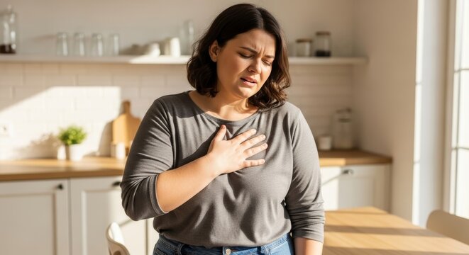 A young woman clutches her chest with a pained expression in a bright kitchen, indicating discomfort such as heartburn, anxiety, or a potential heart issue.