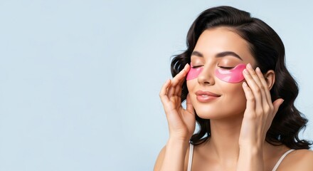 Close up portrait of a beautiful young caucasian woman with sleek dark hair applying under eye patch for skincare treatment on her face.
