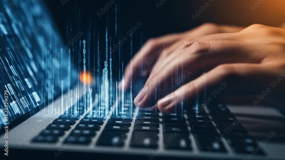Poster hands typing on laptop with digital data overlay