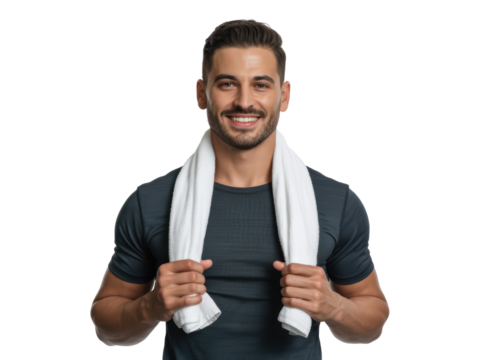 Fit Man Smiling with Towel After Workout
