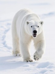 Naklejka premium A polar bear walking across a snowy landscape, facing the camera with an open mouth.
