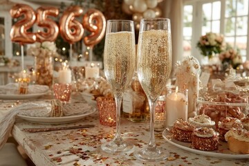 Elegant celeb n table set with champagne flutes and festive decor