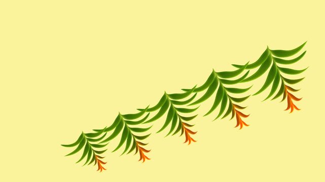 draw series of brown flower decorate with joining several colourful green leaf and flying bird on yellow screen background
