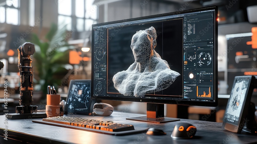 Fototapete 3d modeling and animation workspace with software interfaces, polygon wireframes, character rigs, te