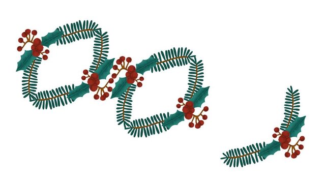 draw series of joining pair of red flower decorate with several colourful butterfly on white screen background
