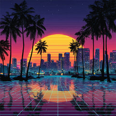 Obraz premium Retro Miami Cityscape with Palm Trees and Sunset Synthwave Aesthetic Nostalgic Vaporwave Scene Evening Glow Digital Art