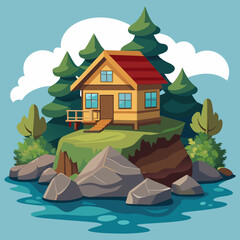 Vector Cottage on River Rocks Illustration