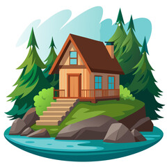Vector Cottage on River Rocks Illustration