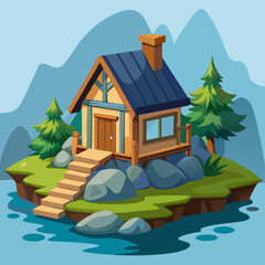 Vector Cottage on River Rocks Illustration