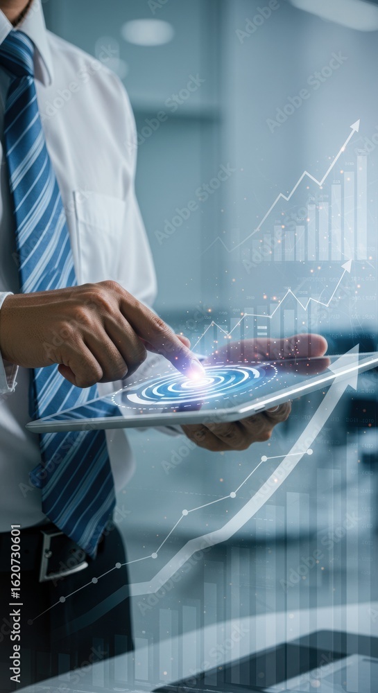 Poster business professional using tablet with target interface. digital overlay of financial graphs for an