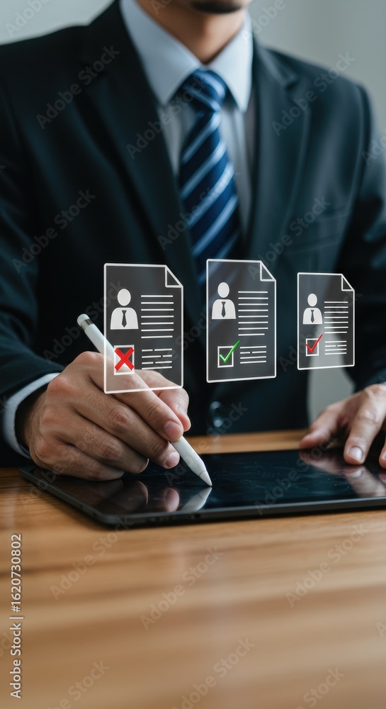 Poster digital document approval process with stylus and tablet. business professional managing verificatio