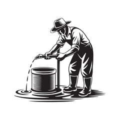 Monochrome worker wearing hat pumps water into container with transparent background