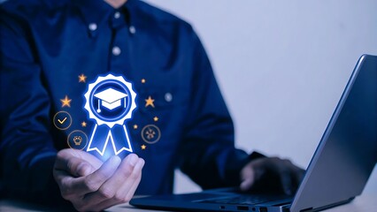 Man holding digital certificate icon with graduation cap, symbolizing online learning achievement. Concept of e-learning, remote education, and professional certification system..