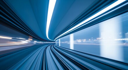 Blurred motion of train moving inside tunnel at night with high speed