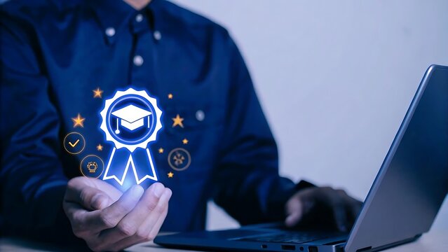 Man holding digital certificate icon with graduation cap, symbolizing online learning achievement. Concept of e-learning, remote education, and professional certification system..