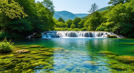 Beautiful waterfall in green forest landscape on a sunny day