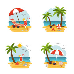 Summer beach vacation scenes with palm trees umbrellas and beach accessories