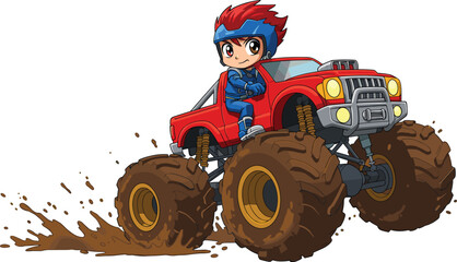 Cartoon character driving monster truck, red truck in mud, big wheels, playful illustration, fun adventure, children's entertainment, off-road action © MD. NUR ISLAM