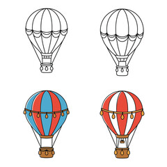 Four hot air balloon illustrations with different color schemes and outlines
