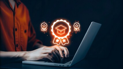 Man holding digital certificate icon with graduation cap, symbolizing online learning achievement. Concept of e-learning, remote education, and professional certification system..