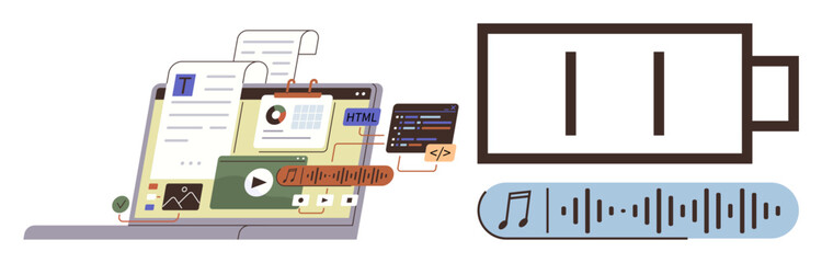Laptop showcasing multimedia, coding, and documents, battery level icon suggesting power consumption, and soundwave audio concept. Ideal for technology, productivity, coding, energy efficiency audio