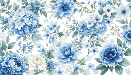 Blue white flowers green leaves individual elements collection. Watercolors floral illustration set 