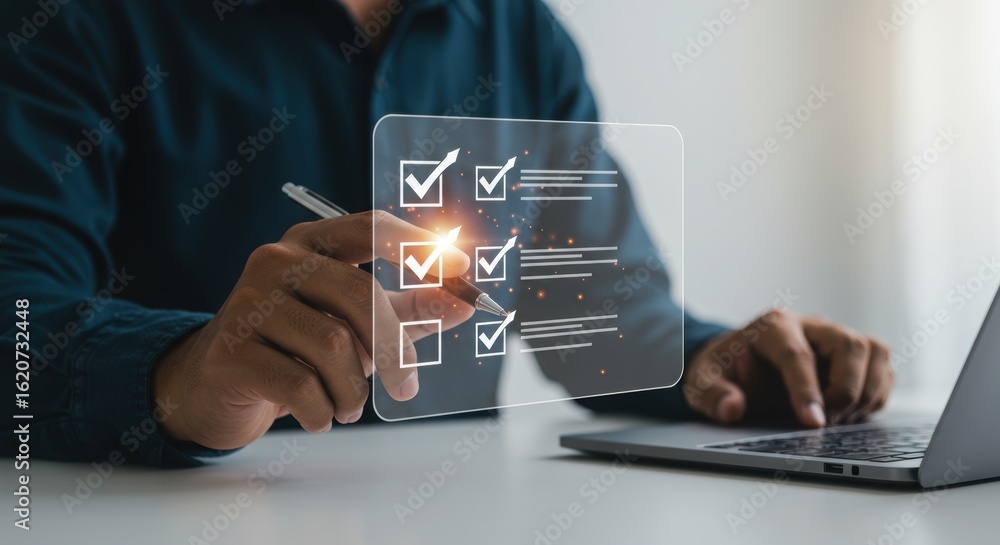 Poster hand pointing at digital checklist with laptop. organization and productivity concept. professional 