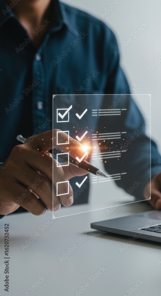 Poster hand pointing at digital checklist with laptop. organization and productivity concept. professional 