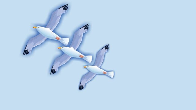 draw series of joining several flying bird in sky on blue screen background
