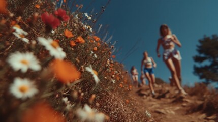 Hikers exploring a scenic natural trail surrounded by vibrant flowers and foliage.