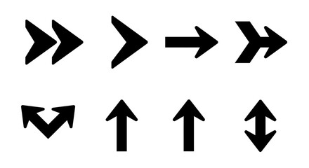 Variety of Black Arrow Shapes Pointing in Different Directions on White Background