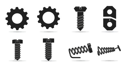 Black and white mechanical parts including a gear screws and a spring