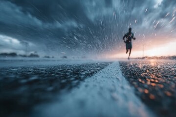 Solitary figure running through a storm-swept landscape