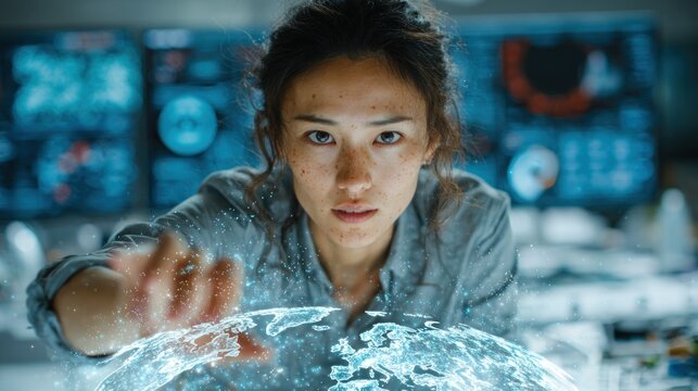 Close-up of a woman interacting with a holographic projection of Earth in a futuristic lab - Powered by Adobe