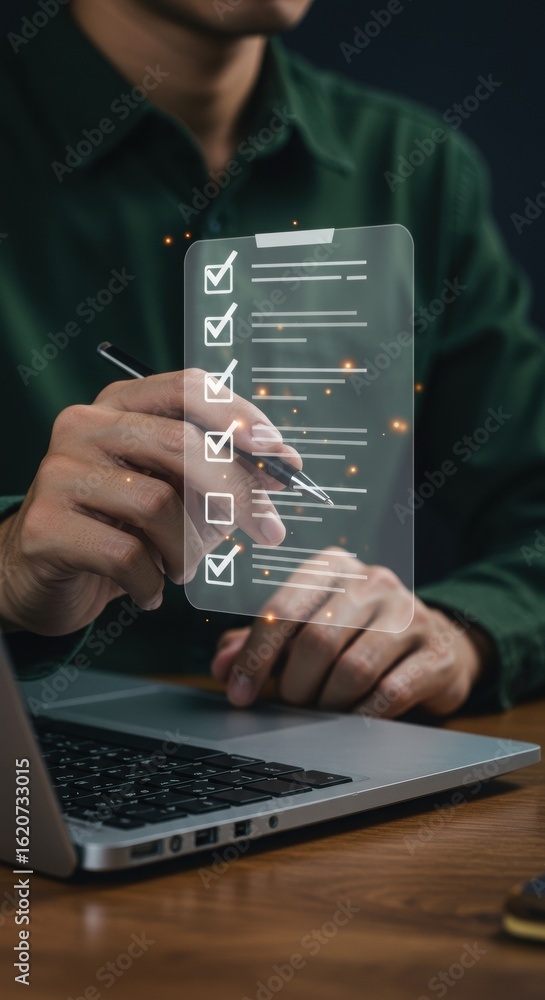 Poster Digital illustration of a person using a virtual checklist on a laptop. Modern productivity concept with a hand checking off tasks. Sleek office scene with a semi-transparent to-do list.