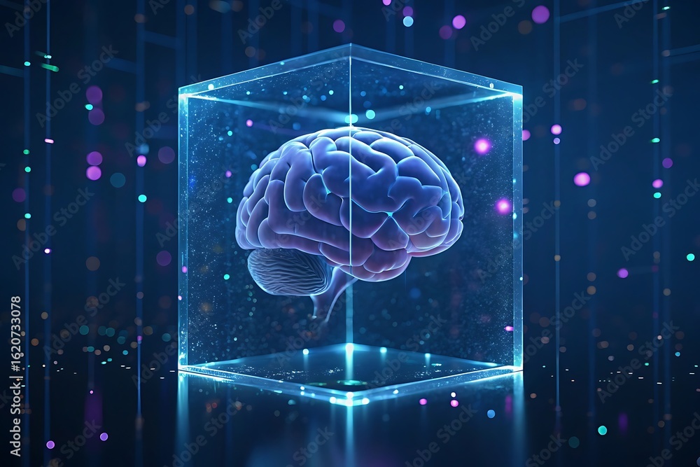 Poster artificial intelligence concept featuring a glowing brain encapsulated within a transparent cube, sy