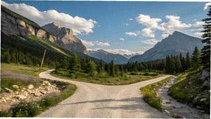 Fork in the road leading through a majestic mountain valley with lush green trees and dramatic clouds