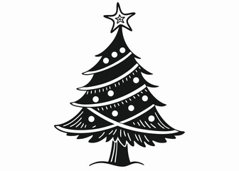 Fototapeta premium Black and White Christmas Tree Illustration Decorated with Ornaments and Star monochrome