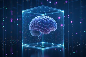 Artificial intelligence concept featuring a glowing brain encapsulated within a transparent cube, symbolizing digital technology, future innovation, and the interconnectedness of the human mind