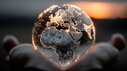 A glowing, translucent globe of the Earth, held delicately in cupped hands.  Sunset light softly illuminates the continents