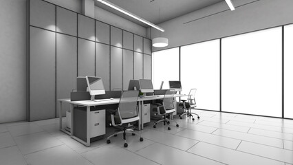 6-seat staff office in loft style, white light tone from outside reflects into the office, 3D rendering