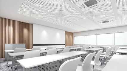 Seminar rooms in various forms, teaching rooms in white tones with soundproof carpets, side view, 3D rendering