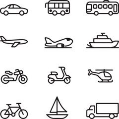 Collection of transportation icons in outline style including car bus airplane boat motorcycle bicycle helicopter scooter truck and sailboat isolated on white background